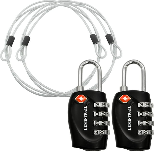 Lumintrail TSA Approved Locks, 4 Digit Combination Luggage Locks TSA Approved, Travel Locks for Luggage & Suitcase with 4-FT Steel Cable, Black, 2 Pack