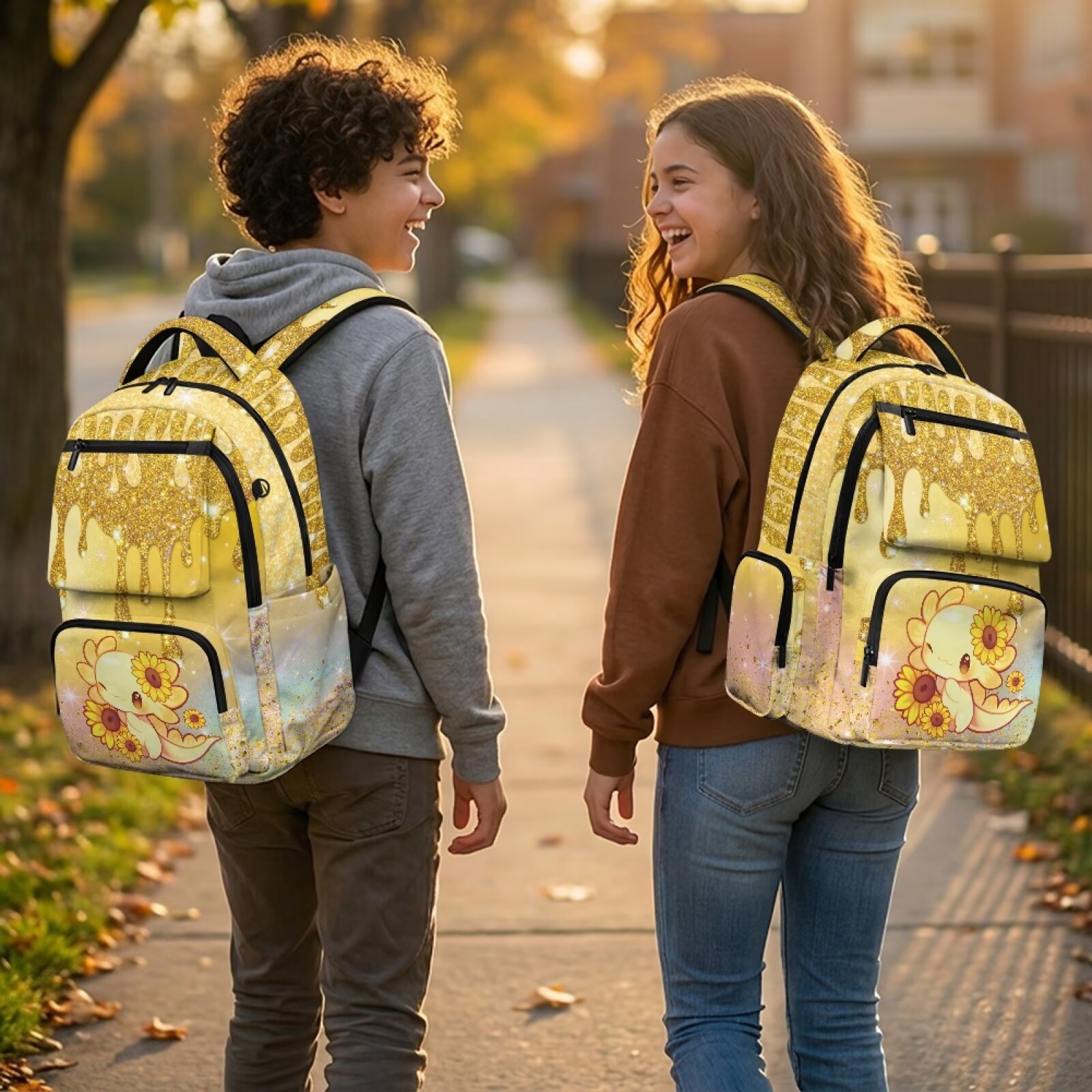 Mochila escolar para niños y niñas con estampado de ajolote y girasol, 17 pulgadas, resistente al agua, múltiples bolsillos, correas acolchadas ajustables, gran capacidad 3