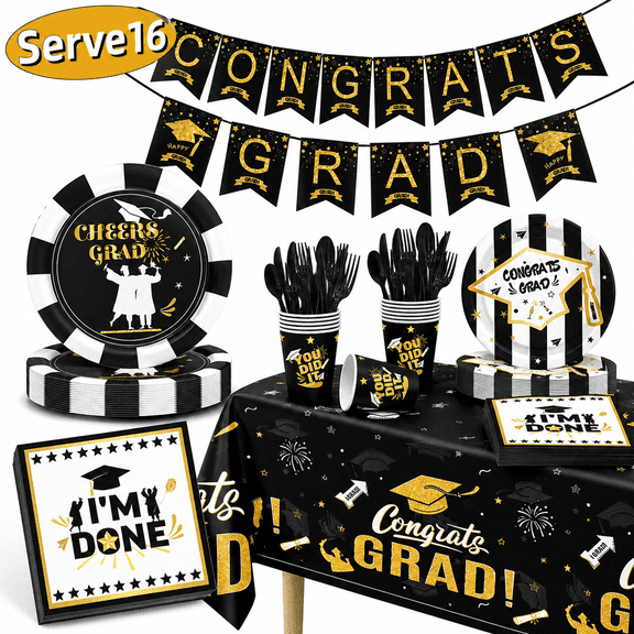 Graduation Tableware Graduation Plates Napkins Class of 2026 Banner Tablecloth Cutlery Dishware Congrats Grad Paper Goods for Congrad Party Supplies Design 1