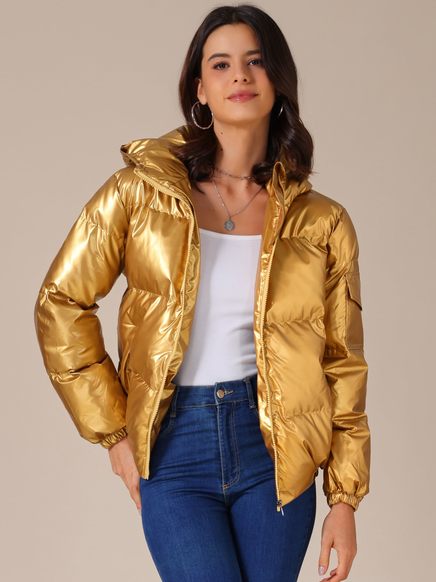 DARING DIVA Women's Holographic Shiny Party Puffer Jacket with Hood XL Gold