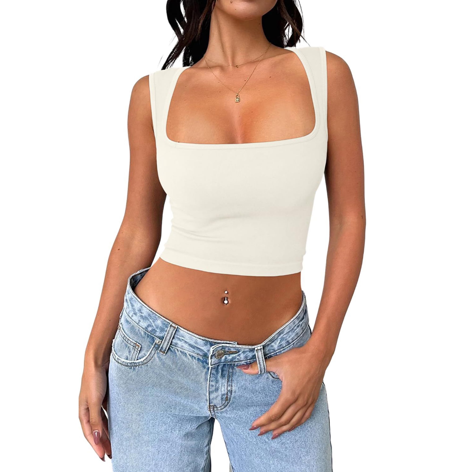 EYIIYE Women Crop Tank Tops Laides Slim Basic Vest Low Cut