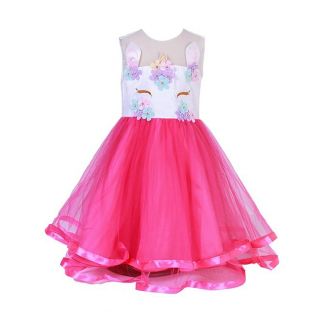 MAWCLOS Robes Tutu Bébé Décor Floral Robe de Soirée Col Rond Robe d'Été Décontractée Princesse Sans Manches Rose Rouge 140