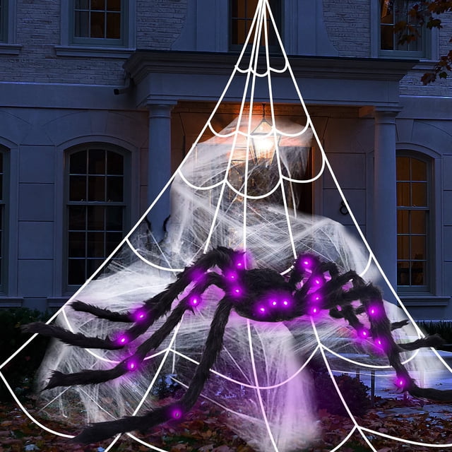 Husfou - Juego de decoración de telarañas de Halloween de 4,8 m para exteriores, araña gigante iluminada de 127 cm, 200 arañas pequeñas, telarañas elásticas de 80 g, suministros para fiestas de