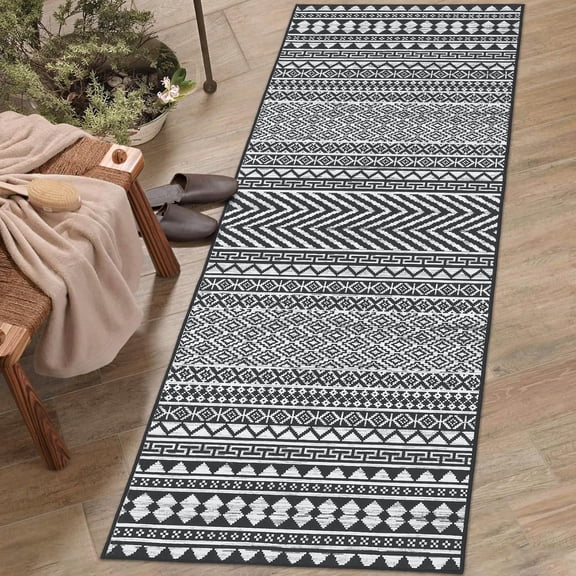 Boho Runner Rug 2x6 Washable Rug Hallway Runner Rug Non-Slip Stain Resistant Kitchen Runner Throw Floor Carpet Moroccan Rug Geometric Rug Rustric Accent Carpet for Living Room Bedroom, Black