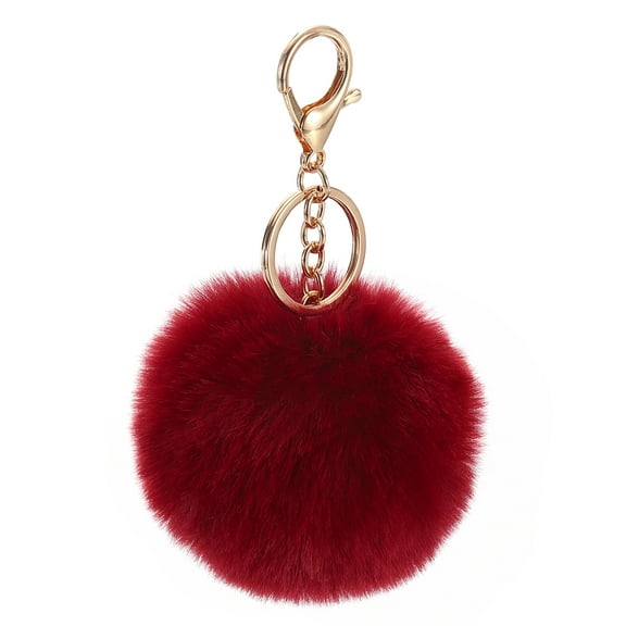Pom Pom Keychain, 8cm Faux Rabbit Fur Puff Ball Keychain, Soft Cute Plush Fluffy Ball Key Ring for Women Purse Handbags Backpack Pendant Charm (Wine Red)