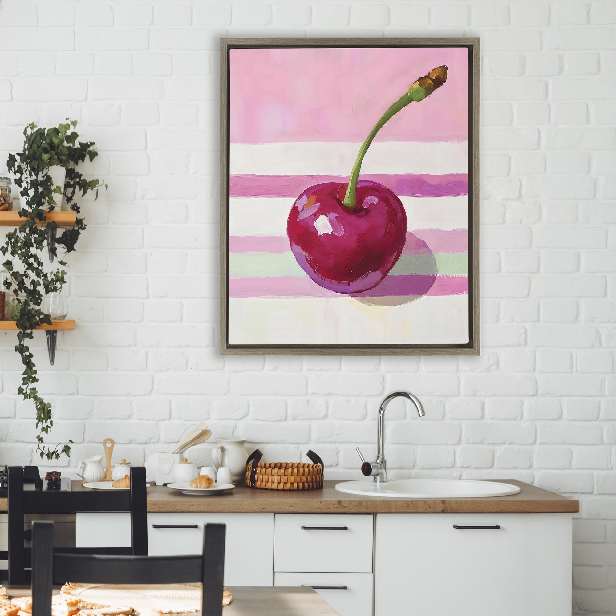 Stupell Industries Cherry on Pink Stripes Brown Framed Floater Canvas Wall Art, design by The Prints Vibe