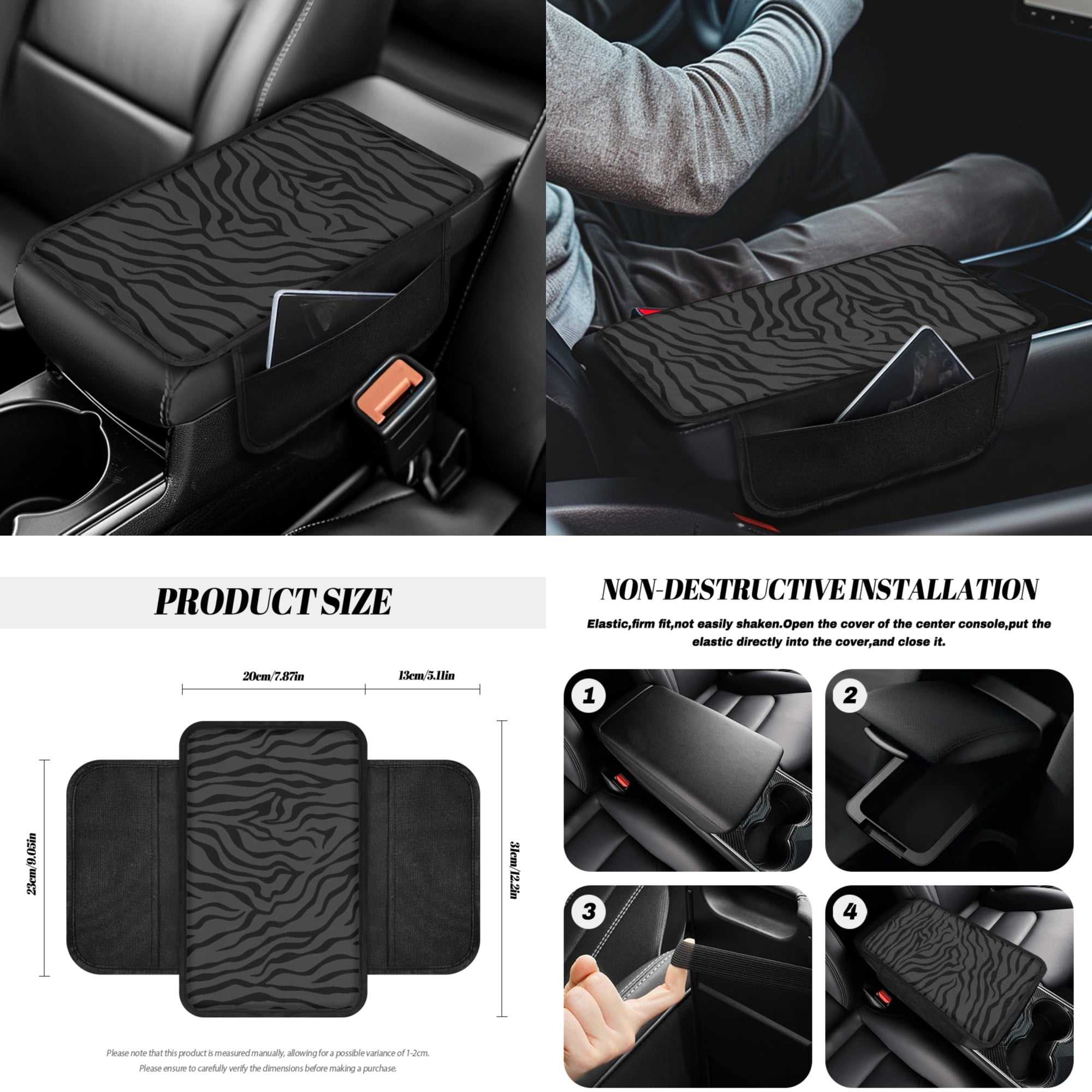 Yuyamidu Zebra Stripe Car Seat Cover Set Black Steering Wheel Cover Seat Belt Strap Cover Garbage Bin Auto Center Console Pad Cover Rearview Mirror Cover Coasters Gear Shift Knob Cover Set, 14 Pack