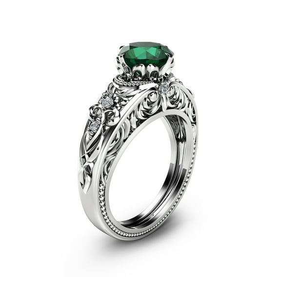 Retro 14k White Gold Emerald Engagement Ring
