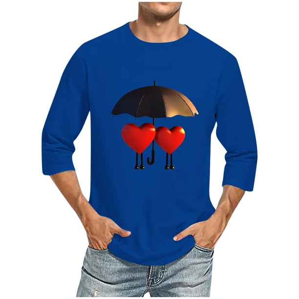 Camisas de Manga Larga para los Hombres Día de San Valentín Impresión Cuello Redondo Moda Casual, Mezcla de Poliéster de Lino de Algodón para Primavera Verano