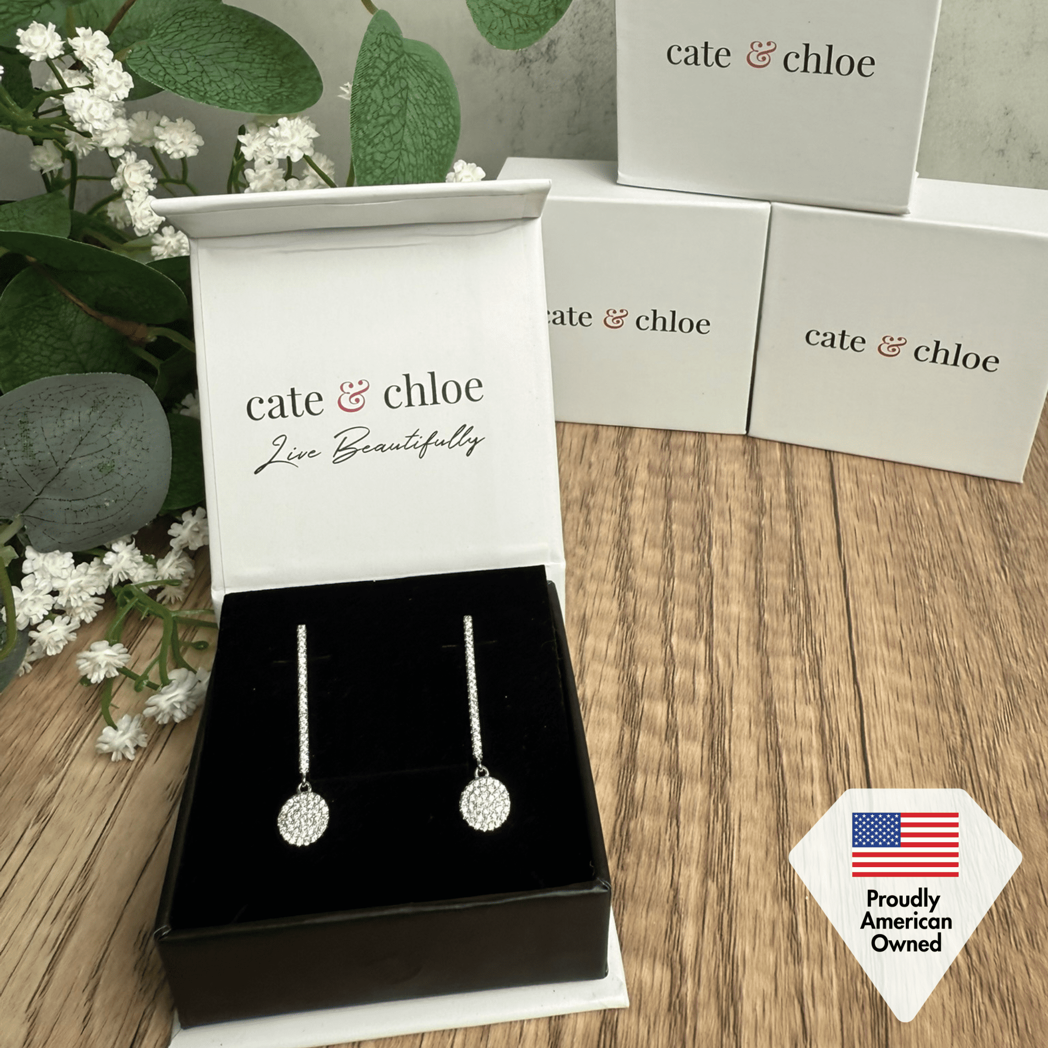 Cate & Chloe Hazel 18k White Gold Plated Dangle Drop Earrings with Simulated Diamonds Gift for Women