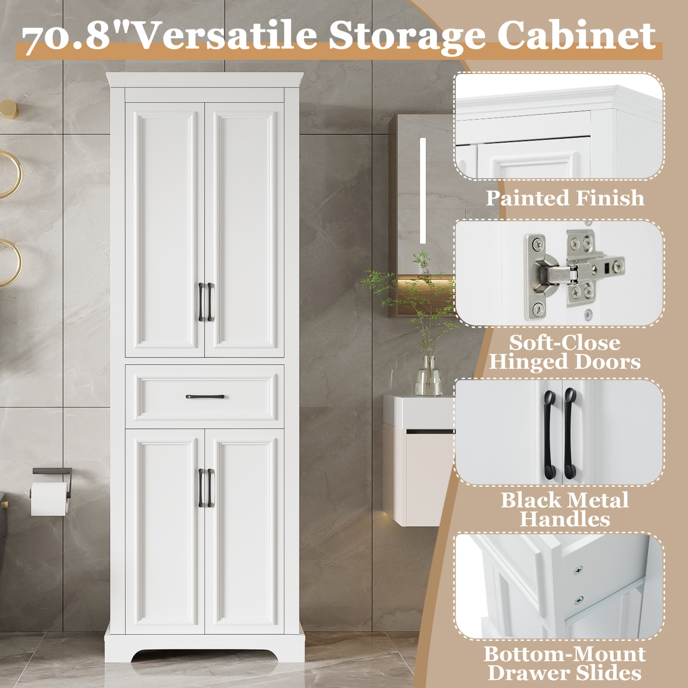 Noble House 70.8"H Freestanding Cabinet, 4 Doors 1 Drawer Space-Saving Storage with Adjustable Shelves, White