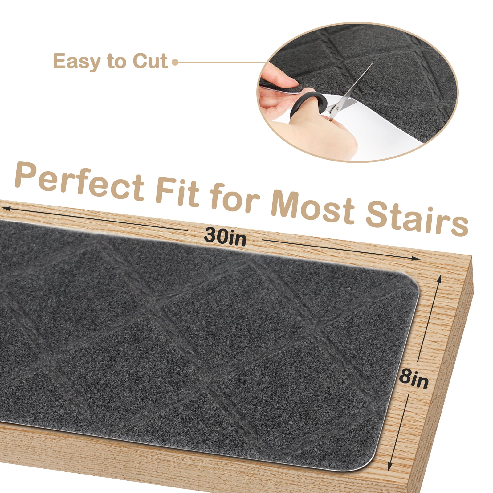 Stair Tread Carpet, 15pcs Non-Slip Stair Treads for Wooden Steps Indoor Outdoor Stair Tread Covers Rugs, 8in x 30in, Gray
