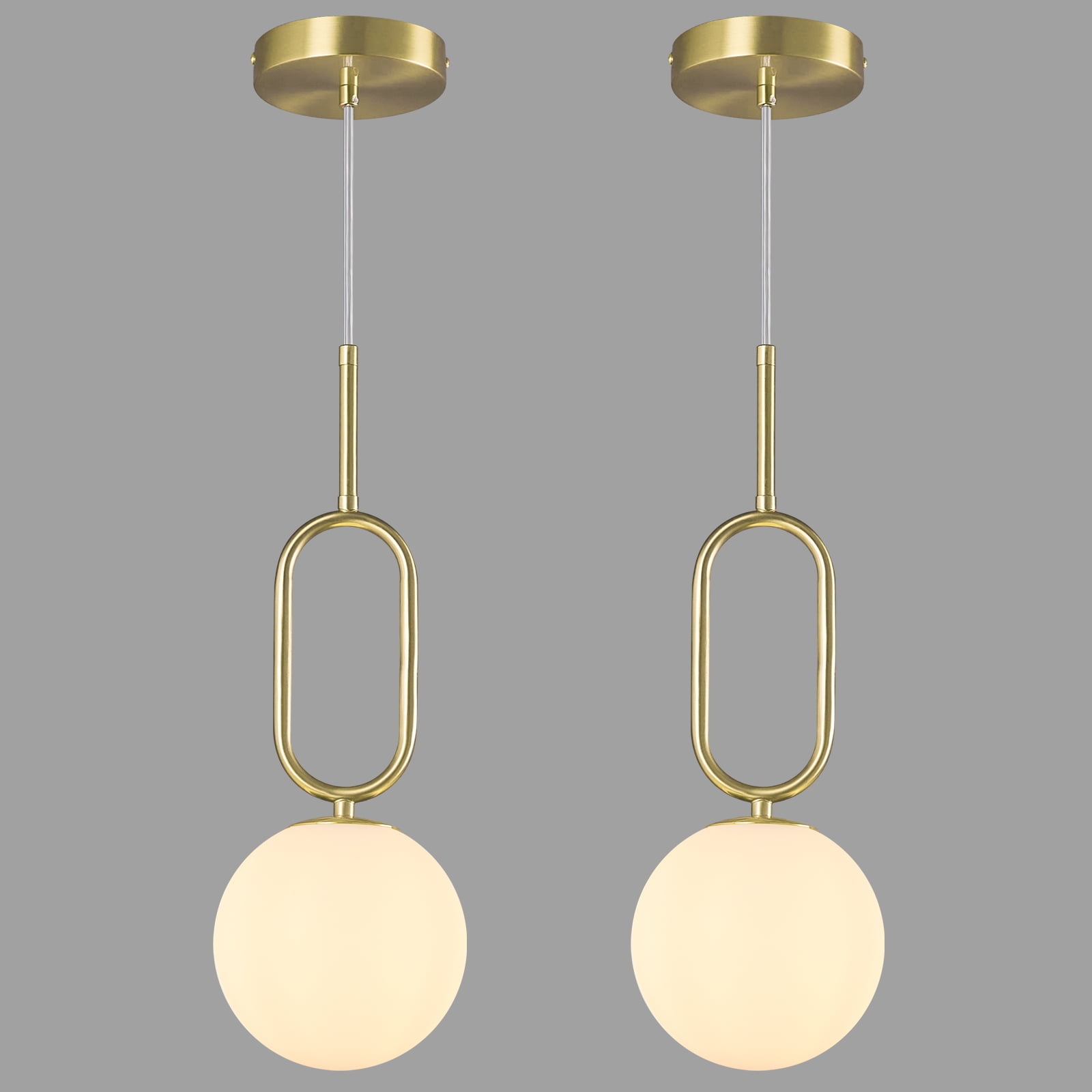 LMQNINE Gold Pendant Light with Milky White Glass Shade,Adjustable Minimalist Globe Hanging Fixture for Kitchen Island,Dining Room,2 Pack