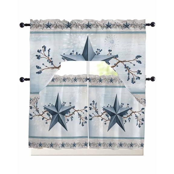 Country Star Blue Swag Kitchen Curtains Sets for Windows 24 Inch Length, Farmhouse Vintage Branches Wooden Short Window Curtain Panels Swags Valances and Tiers 3 Piece Set for Cafe/Dining Room