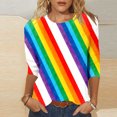 thumbnail image 2 of Miluxas Women's Rainbow Striped T Shirts 3/4 Sleeve Sleeve Round Neck Loose Fit Casual Tee Shirt Top White, 2 of 6