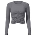 thumbnail image 4 of DuoJiaJ Womens Long Sleeve Crop Top, Crew Neck Ruched Stretchy Yoga Athletic Gray M, 4 of 5