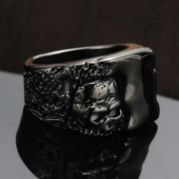 HOOUN Men's Powerful Gothic Skull Signet Ring Stainless Steel Vintage Black Skull Ring-11