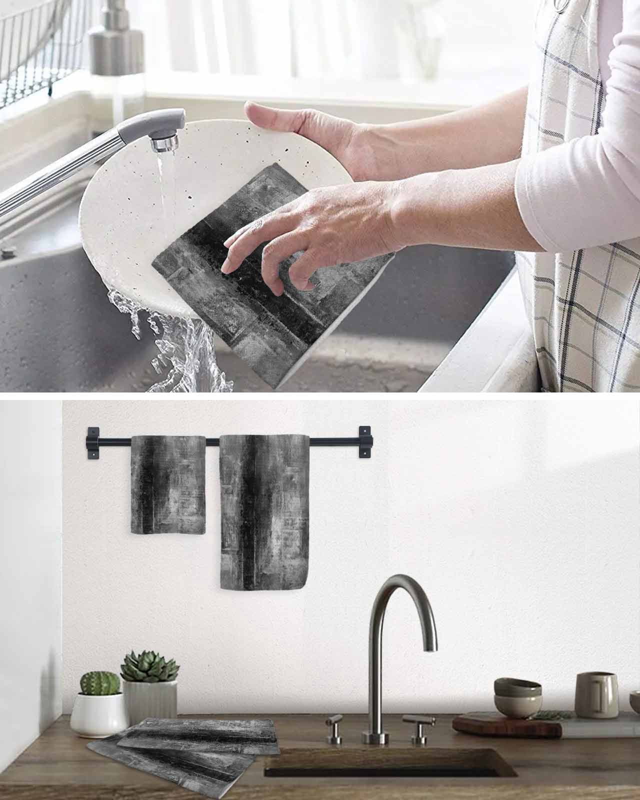 Gray Kitchen Dish Towels for Drying Dishes Set of 4, Retro Oil Painting Modern Abstract Art Aesthetics Waffle Weave Microfiber Hand Tea Bathroom Towels Quick Dry & Absorbent Towel 12x12