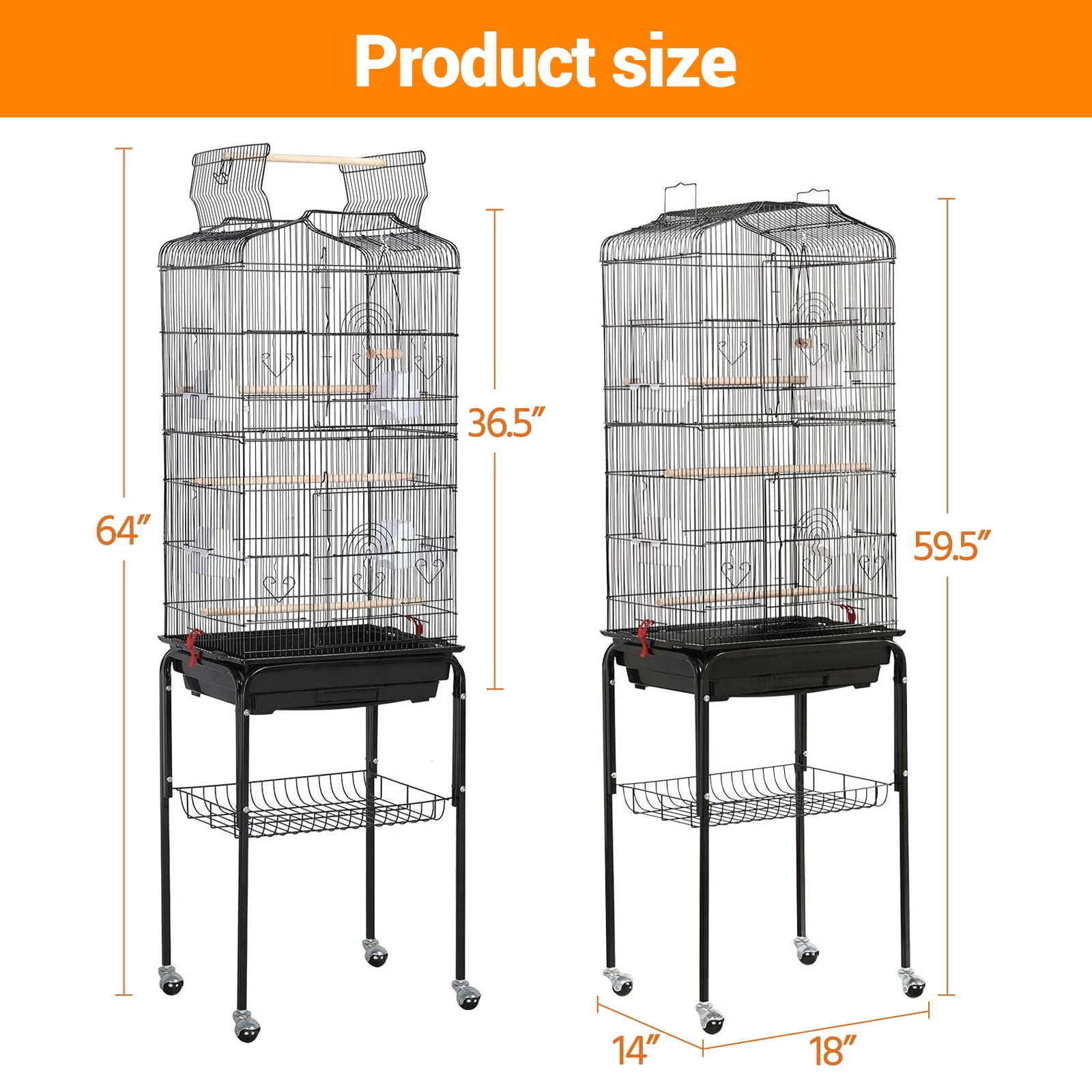 Play Open Top Medium Small Bird Cage with Detachable Rolling Stand Hanging Bird Cage with Storage Shelf, Playtop Parrot Cages Heavy-Duty Pet Birds House Black