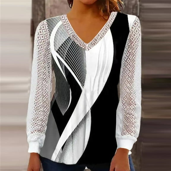 BEFOKA Graphic Shirts for Women V Neck Long Sleeve Tunic TShirt Lace Print Sweatshirt Pullover Top 2025 Basic Blouse Tees Top Fall Outfits Loose Fits Plus Size S_XXXL