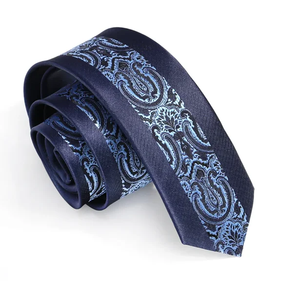 Yongchuantie Men's Slim Necktie Navy Blue Retro Pattern Classical Flower Printed Striped Line 2.36 Inches Ties