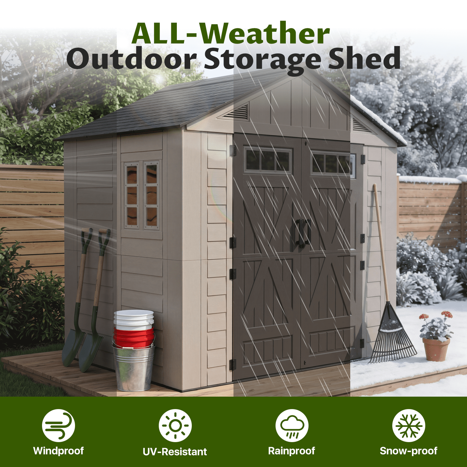 BaPiPro 8'x6' Resin Storage Shed with Floor, All-Weather Outdoor Shed with Window & Lockable Double Doors, Easy Assembly Outdoor Storage, Brown