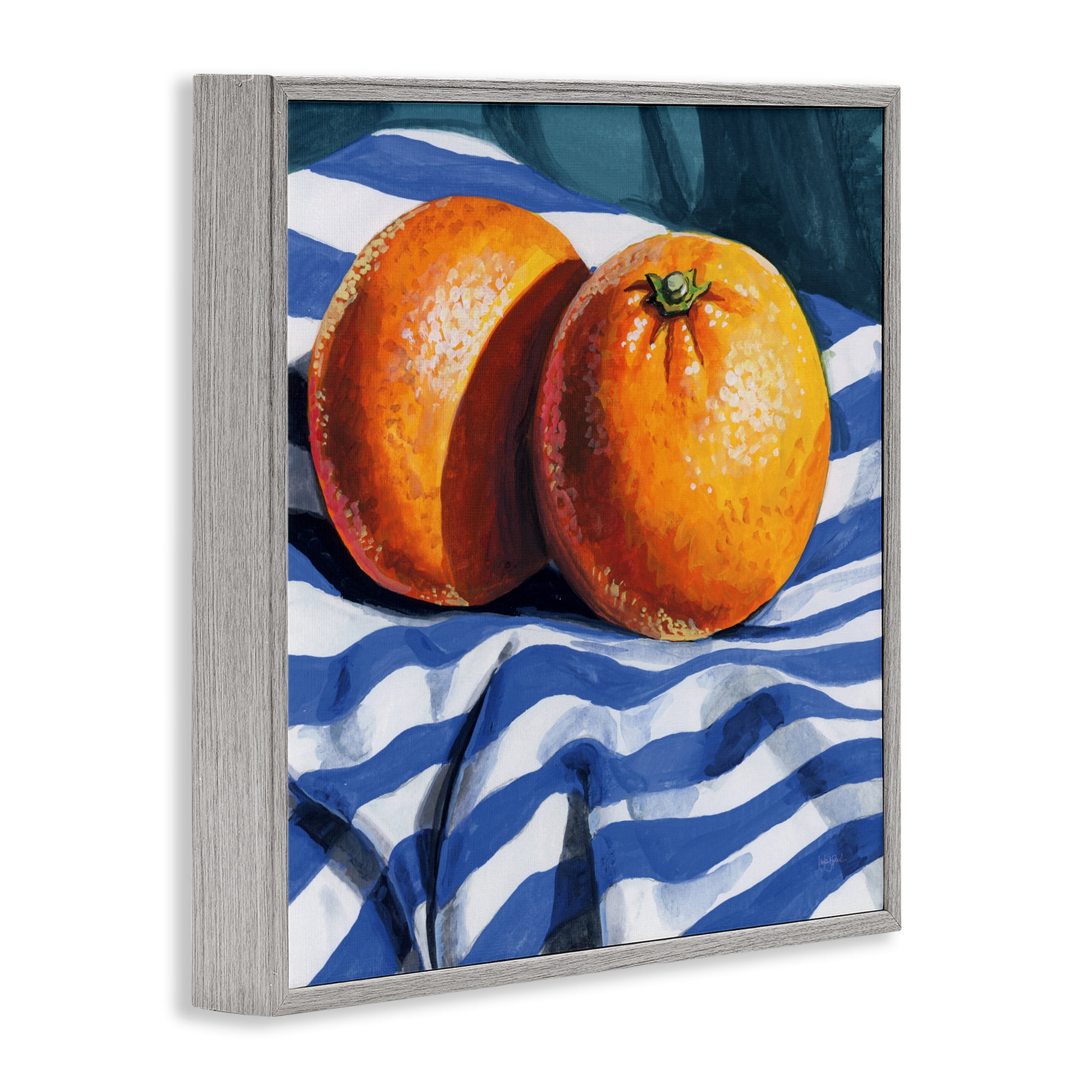 Stupell Industries Oranges On Striped Cloth Gray Framed Giclee Art, design by Kate Jarvik Birch