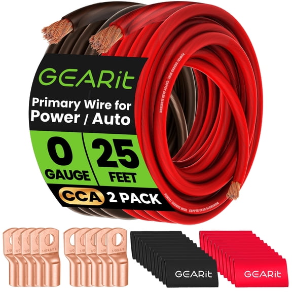 GearIT, 4 Gauge Battery Cable, 20 Lugs, 20 Heat Shrink Wrap, for Automotive, Amp Kit, CCA Wire, 25 Feet Each - Black/Red Translucent