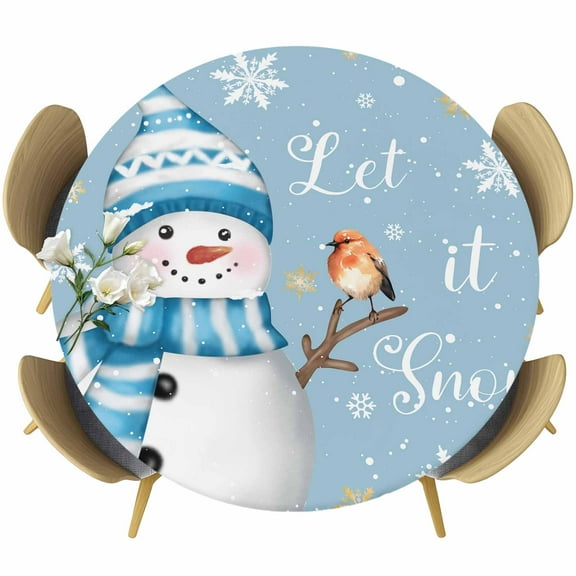 Blue Snowman Christmas Round Tablecloth 36-44 Inch Round Fitted Table Cloth with Elastic Edge, Xmas Snowflake Birds Waterproof Table Cover Protector for Outdoor Picnic Party Dining