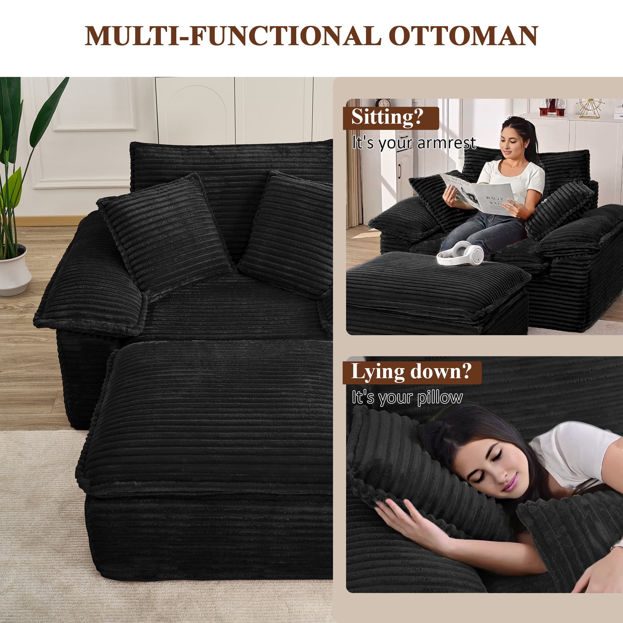 Aukfa 63.5" Oversized Chaise Lounge Sofa with Movable 2-Layer Ottoman, Deep Seat Boneless Couch, Corduroy Lounge Chair, Black