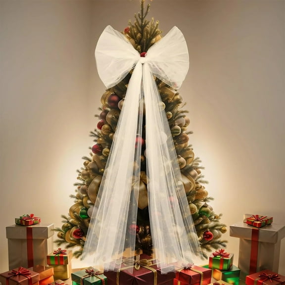 49"x21" Extra Large Mesh Bow Decoration, Big Outdoor Decorative Ribbon Bow for Christmas Tree, Wedding, Birthday Party, Front Door, Holiday Gift Wrapping & Event Decorations (White)