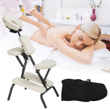 Dkelincs Portable Folding Massage Chair with Carrying Bag 4" Thick Sponge PU Leather Tattoo Chair Adjustable Salon Therapy Spa Chair w/Face Cradle, Cream