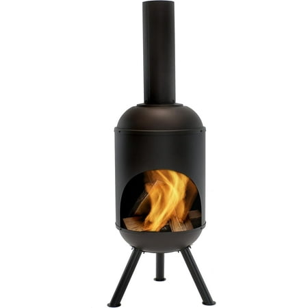 5-Foot Black Cold-Rolled Steel Modern Chiminea with Durable Wood Grate - Heat-Resistant Paint Finish