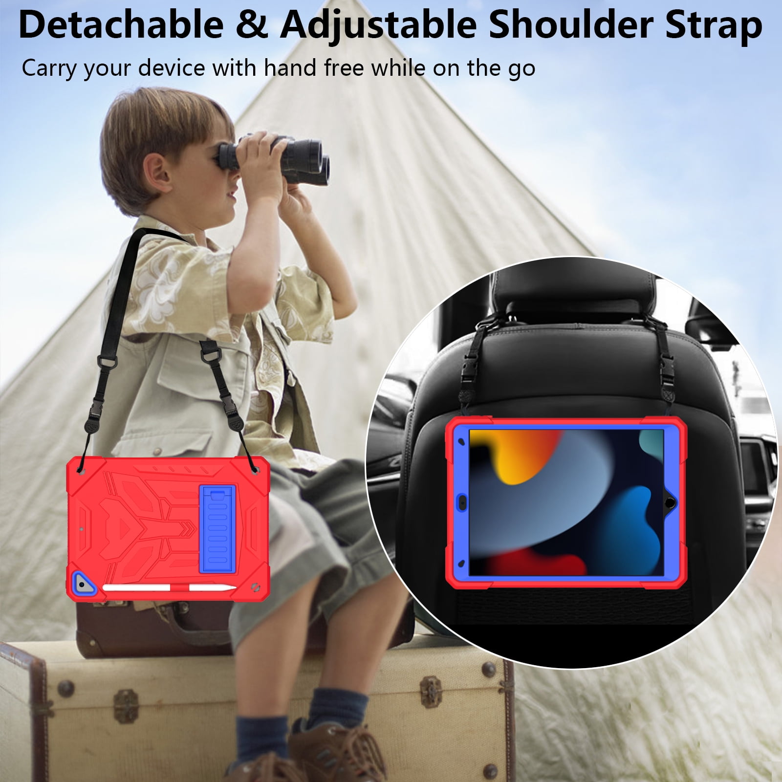 ELEHOLD Hybrid Rugged Case for iPad 9th/8th/7th Gen 10.2 2021/2020/2019, Heavy Duty Shockproof Case with Hidden Foldable Kickstand Adjustable Crossbody Shoulder Strap Pencil Holder,Red