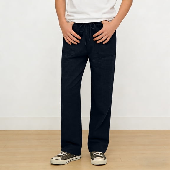 Boys Linen Pants Straight Leg Casual Trousers for Boys Girls Casual Elastic Waist Pull on Boys' Pants with Pockets