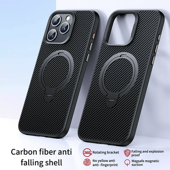 for iPhone 12 / 12 Pro Carbon Fiber Case, Luxury Slim Thin Magnetic Double Ring Stand Anti-Fall Soft Frame with Magsafe Lightweight Shock-Absorbent Back Case for iPhone 12 / 12 Pro, Black