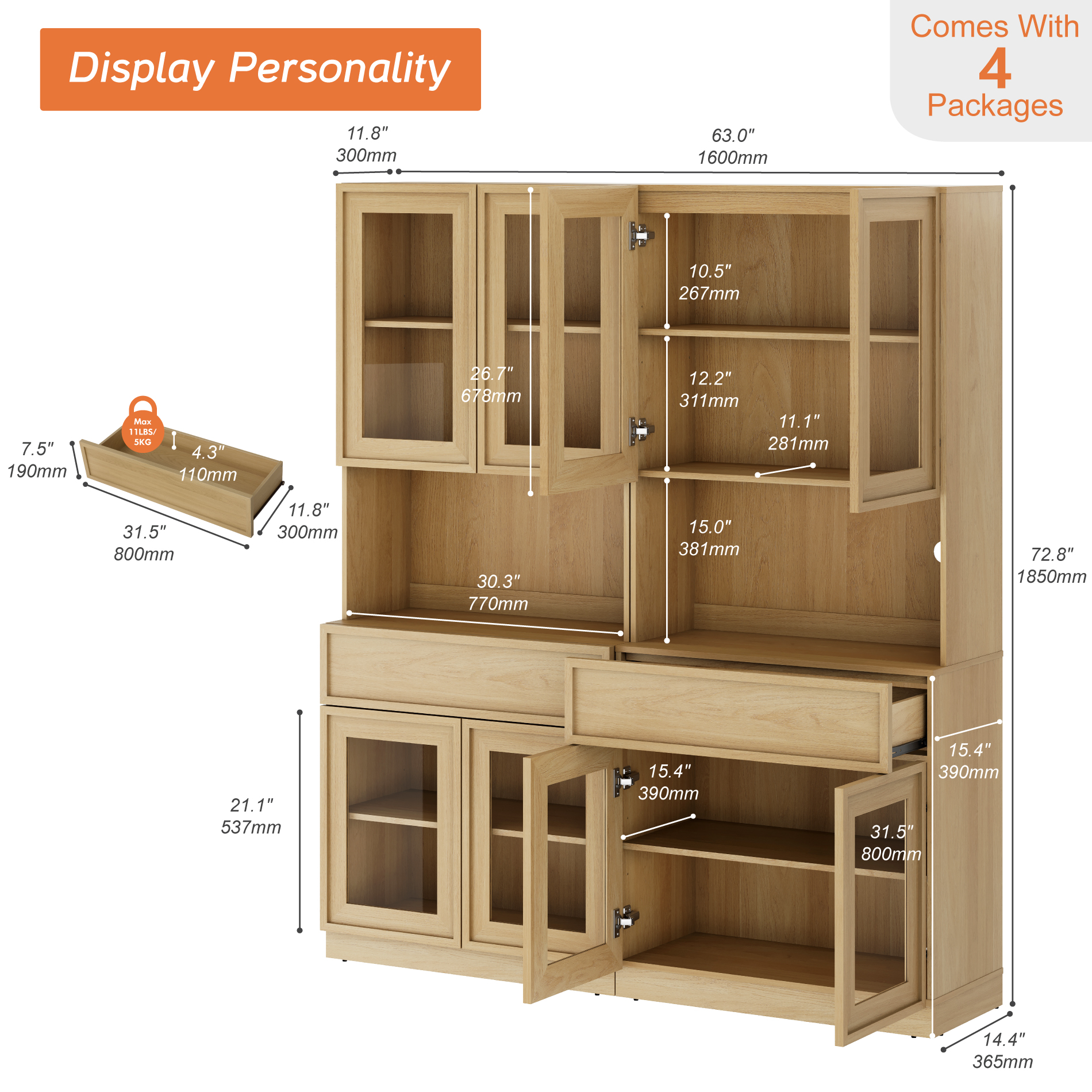 Modern 72"Tall Sideboard, Wood Buffet Display Cabinet with Glass Doors, Drawers and Adjustable Shelves, Multi-Layer Storage Console for Dining Room,Living Room,Entryway,Oak