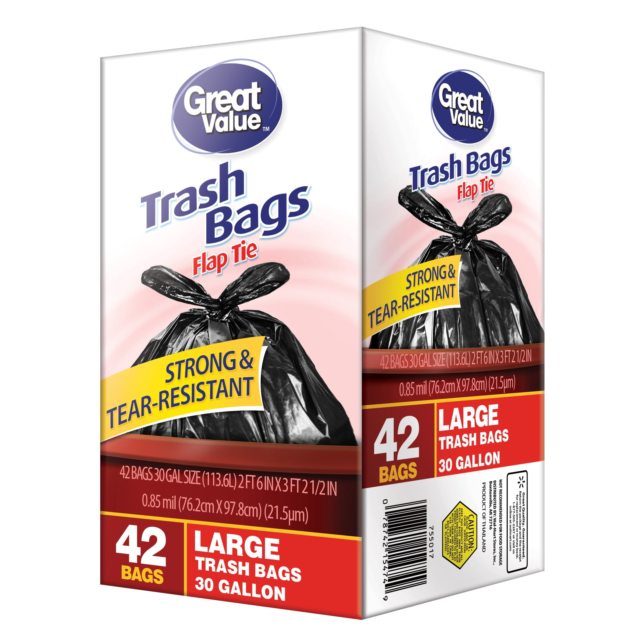 Great Value 30 Gallon Flap Tie Trash Bags, 42 Bags