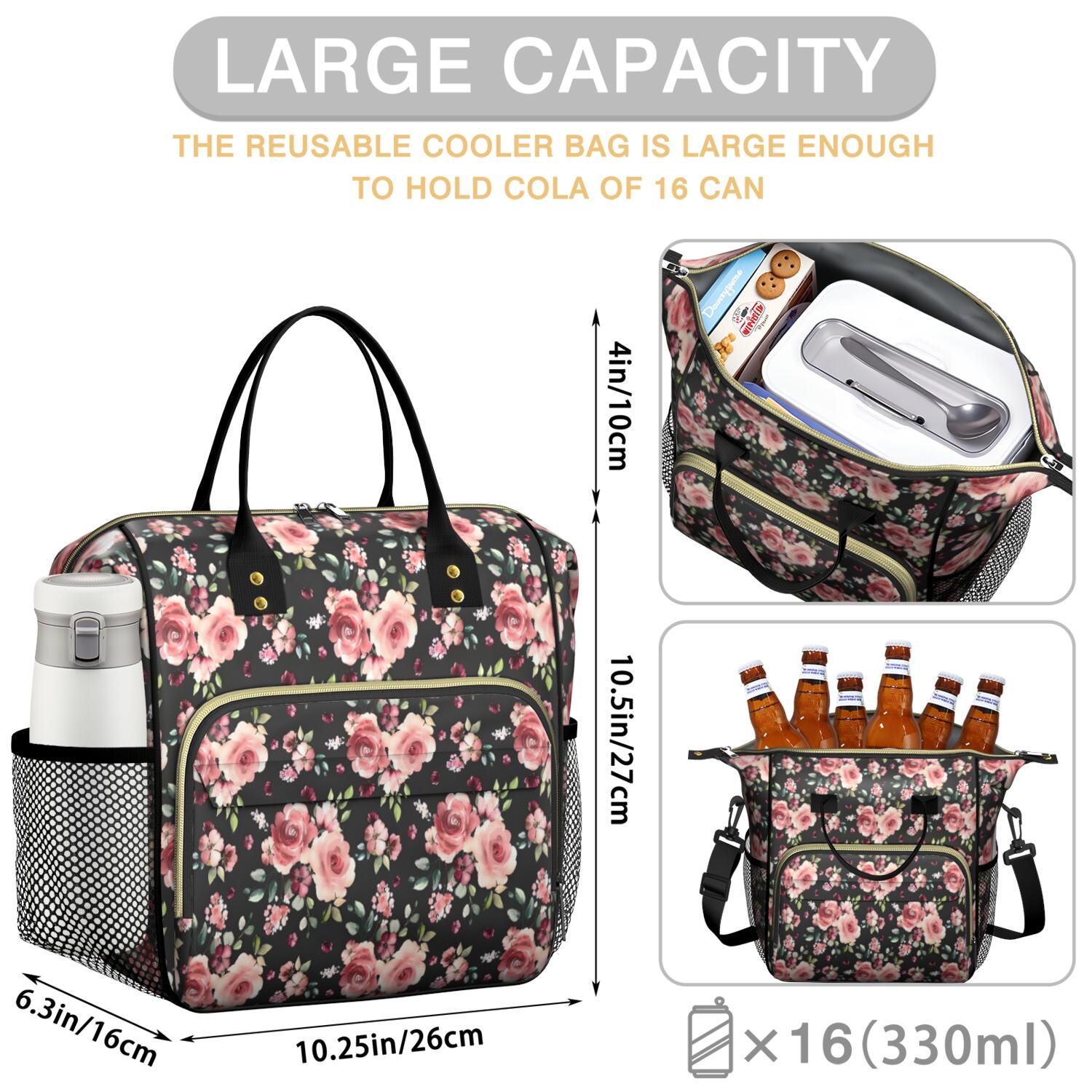Pioneer Flower Floral Print Pattern Womens Lunch Box for Work,Insulated Large Lunch Bag for Tween and Teen,Loncheras Para Mujer,Leakproof Adult Lunch Bag for Work,Beach,Travel,Picnic,Camping