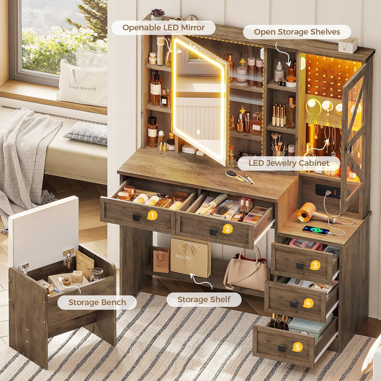 Farmhouse Vanity Desk with Mirror and Lights, Makeup Vanity Set with Lights & Jewelry Cabinet & 5 Drawers, Vanity Table with Charging Station, Hidden Storage Space for Bedroom, Brown