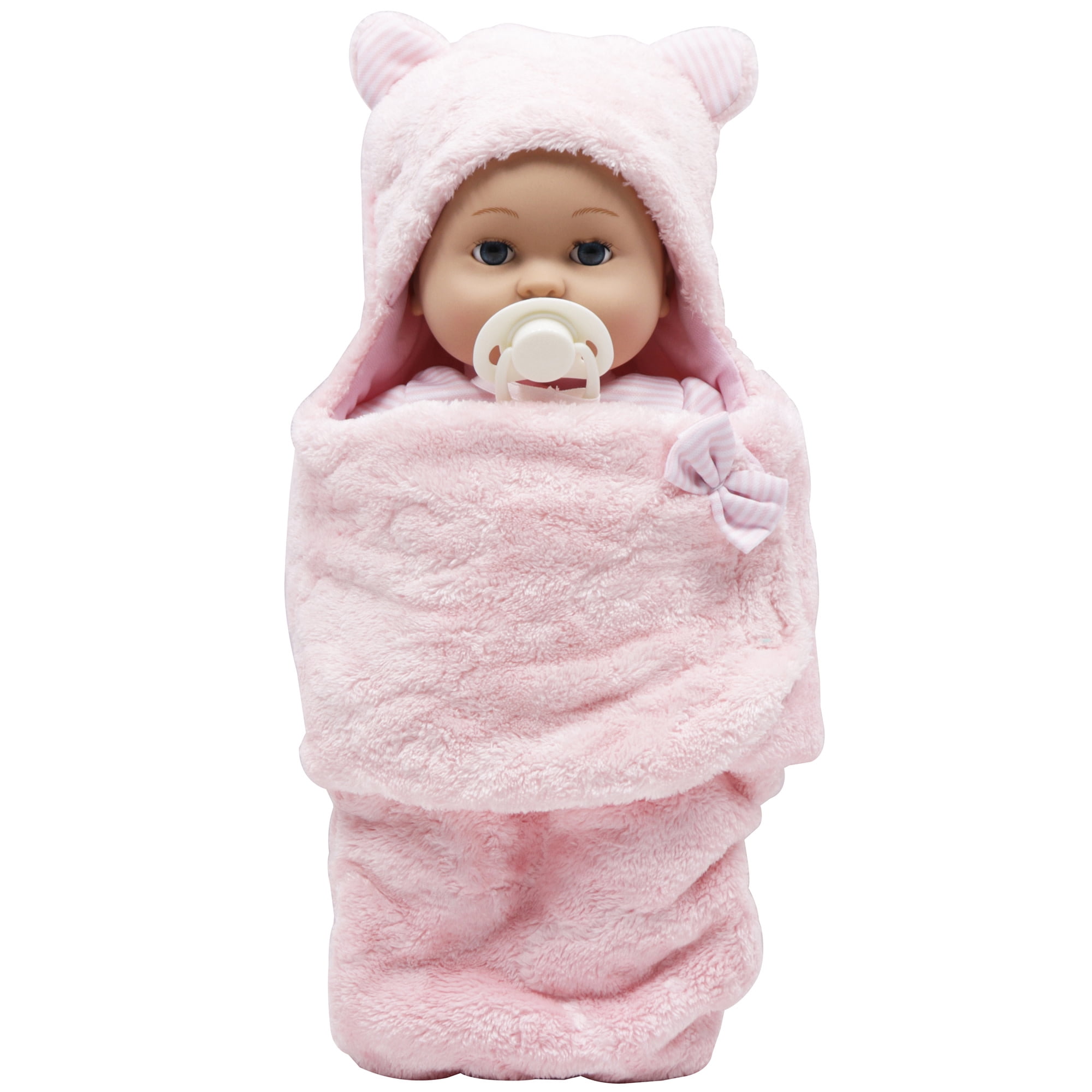 Baby Dreami: Bunting 13” Baby Doll - Pink & White Striped Outfit, Animal Ears Plush Swaddle Wrap Blanket, Binky, Soft & Huggable Toy, Kids-Toddlers 2+