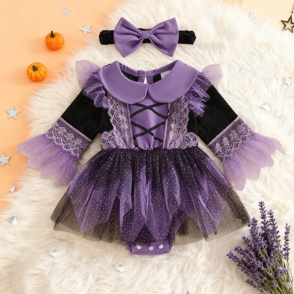 Xdegoge Newborn Baby Girl Halloween Romper Dress Purple Witch Tulle Tutu Bodysuit Long Sleeve Jumpsuit with Bow Headband Fall Clothes Party Playwear Outfit