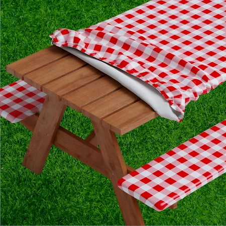 AUQ 2026 New Picnic Table Cover with Bench Covers - Fitted with Elastic,Vinyl with Flannel Back,Fits for Table 30"X 72" Rectangle,Waterproof,Checked Green Design for Picnic,Party,Bbq,Outdoor,Camping
