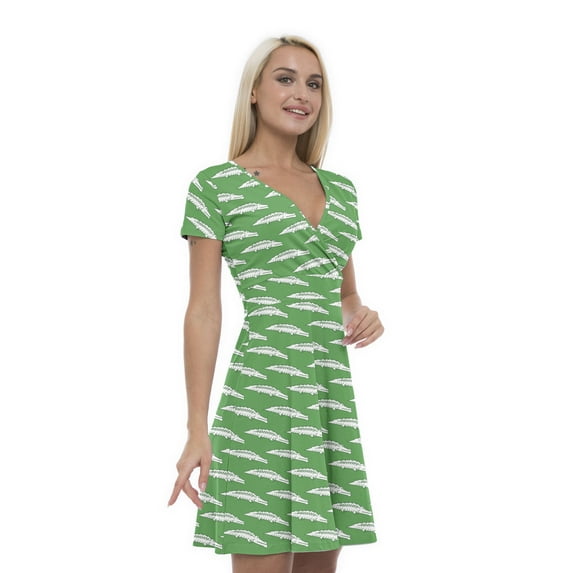 Women’s A Line Alligator Summer Dress, Retro Triangle Arrangement, Cross Wrap V Neck, 6 Sizes, by Ambesonne
