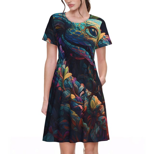 Balery Colorful Patterned Snake Vestidos sueltos de manga corta para mujer, vestidos de verano 2025, vestidos casuales de corte A con vuelo.