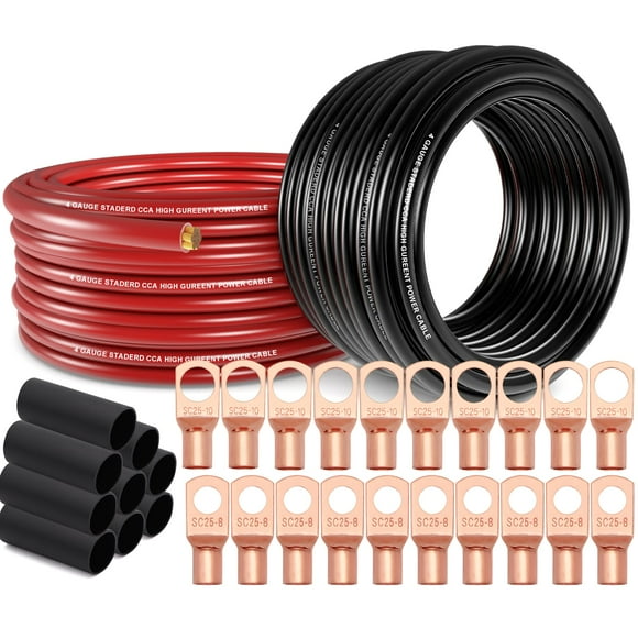 4 Gauge Wire (25ft Each - Red/Black) Copper Clad Aluminum CCA - Primary Automotive Wire,Car Amplifier Power & Ground Cable, 20PCS Lugs Terminal Conne