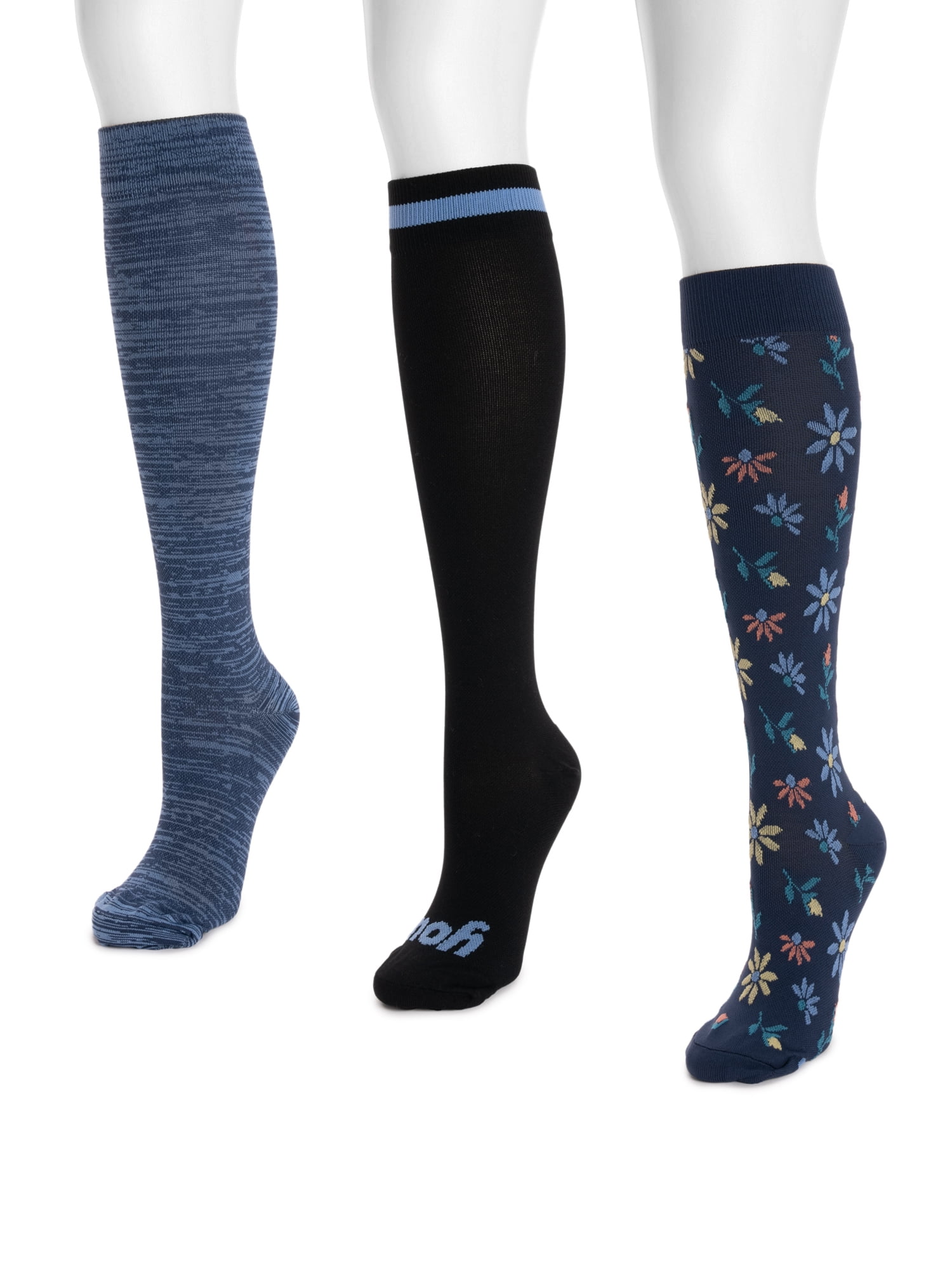 MUK LUKS Women's Wide Width Compression Nylon Knee-High Socks, 3-Pack, Shoe Size 6-10