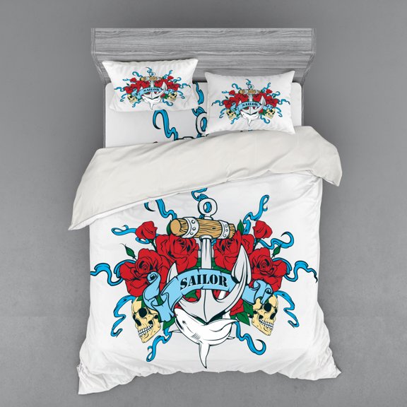 Ambesonne Colorful Bedding Set 4 Pcs, Anchor Bones Skeleton, Queen, Red Blue Sand Brown