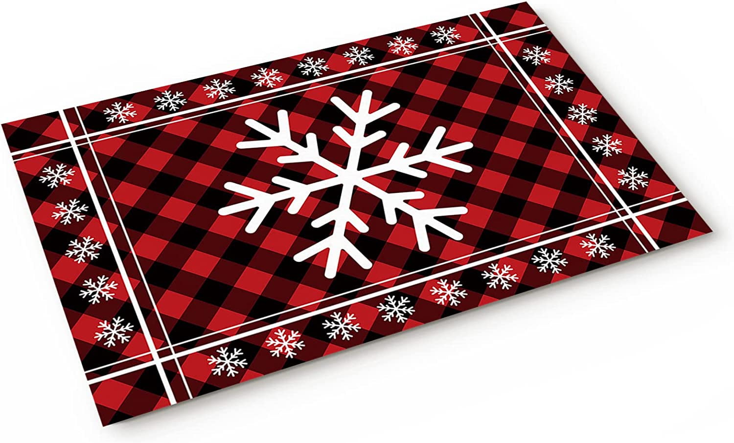Newhomestyle White Christmas Snowflake Doormats Rugs for Indoors,Red Black Buffalo Plaid Check