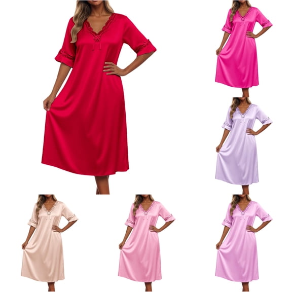 Women's Solid Color Ice Silk Short Sleeved Midi Length Loose Nightgown with Lace Sleeves Bride Nightgown L